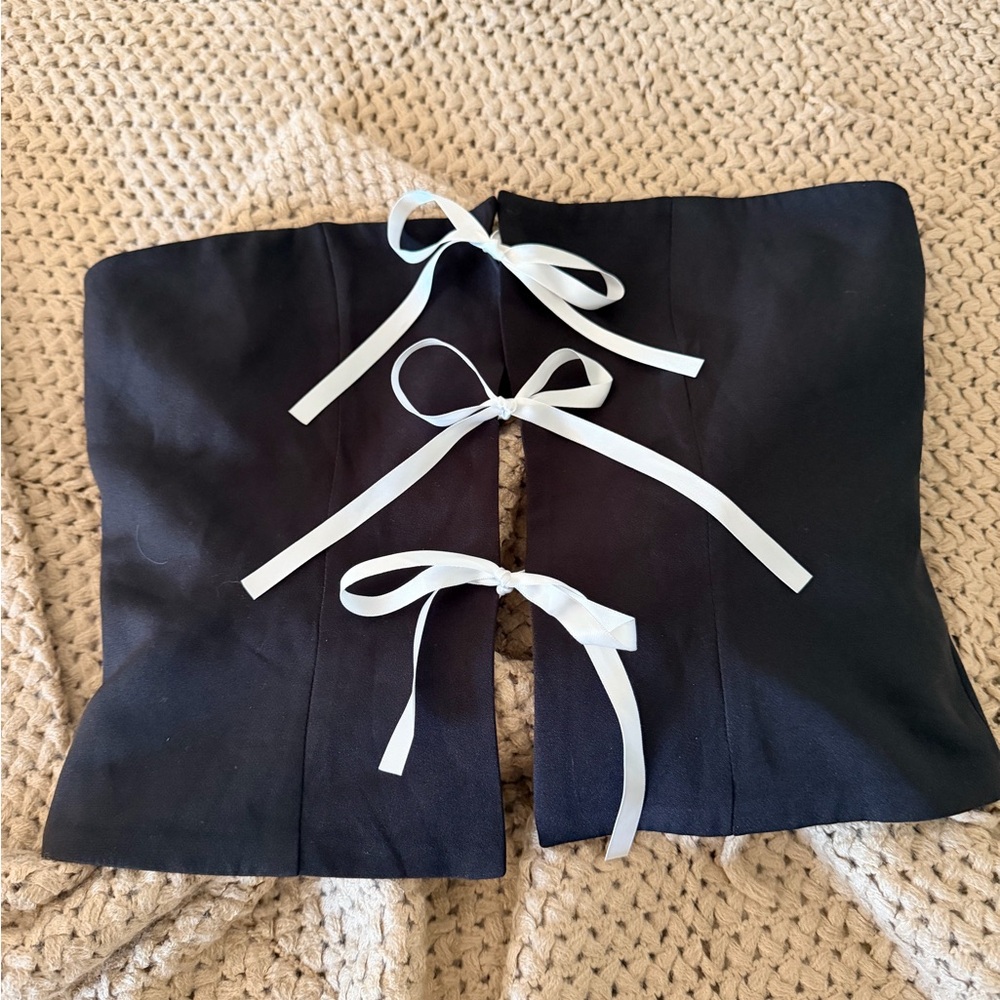 Black Strapless Corset Top with White Ribbon Ties